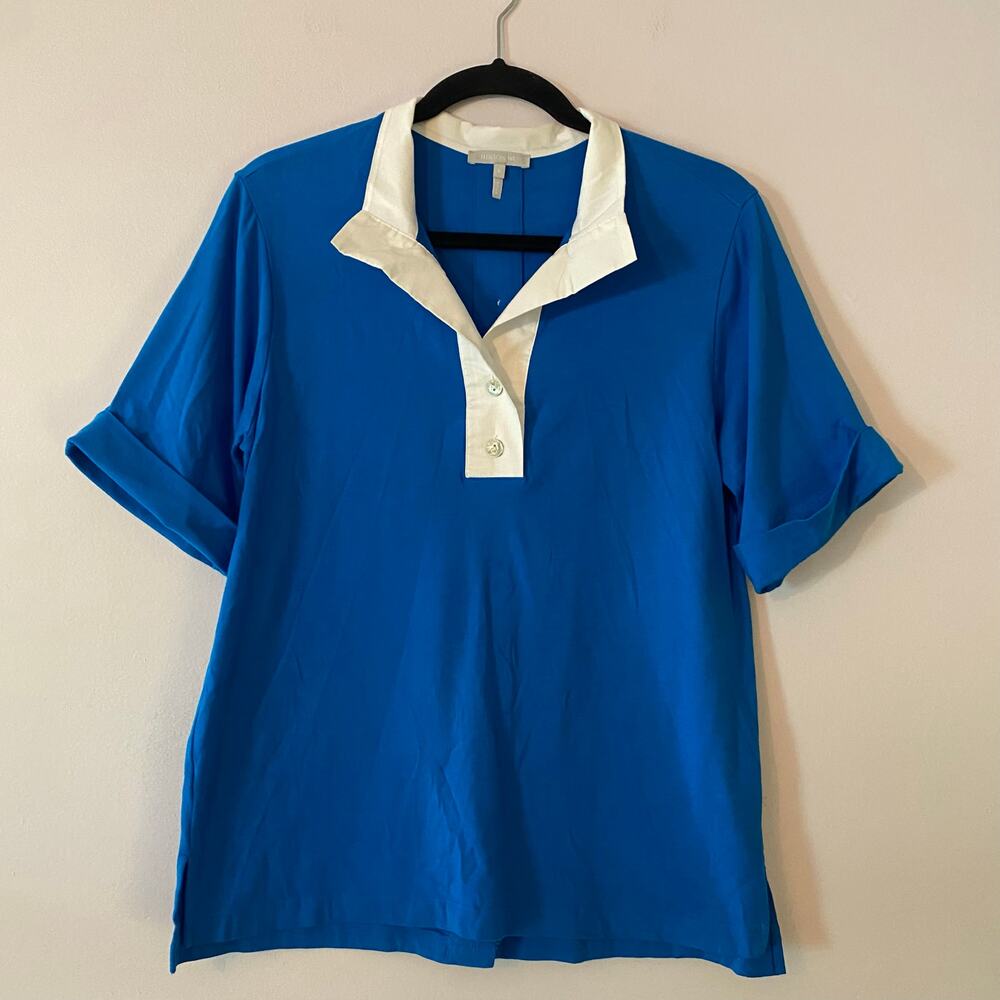 Hinson Wu Blue White Rugby Popover Shirt Colorblock Short Sleeve Women's Small
